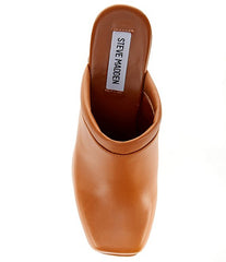 Steve Madden Alvara Cognac Leather Slip On Squared Toe Block Heeled Clog Mule