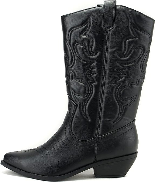 Soda Reno Black Western Cowboy Pointed Toe Knee High Pull On Tabs Western Boots