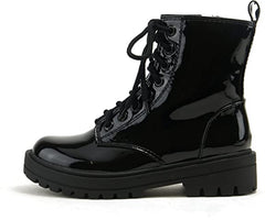 Soda Firm Black Patent Lace Up Round Toe Chunky Combat Ankle Wide Boots