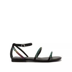 Schutz Loule Flat Black Crystals Details Ankle Strap Open Toe Flat Sandals