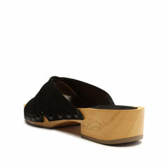 Schutz Jett Black Suede Open Toe Slip On Cross Strap Wooden Block Heeled Sandals