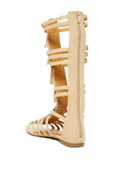 West Blvd Nairobi Nude Leather Flat Open Toe Knee High Gladiator Fringe Sandals