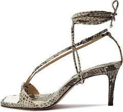 Schutz Vikki Lo Natural Snake Ankle Strap Lace up Open Toe Mid Heel Sandals