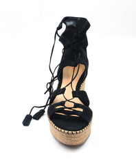 Schutz Hudson Black Open Toe Tie Up Espadrille Heeled Platform Wedge Sandals