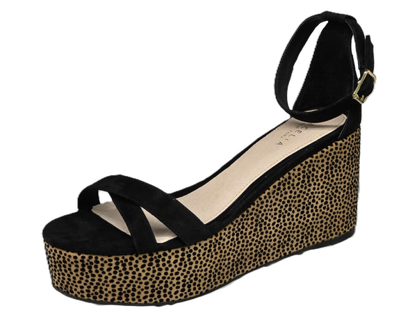 Cecelia New York Bella Black/Leopard Ankle Buckle Strap Platform Wedge Sandals