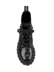 Schutz Black Croc Embossed Lace Up Round Toe Platform Combat Ankle Boots