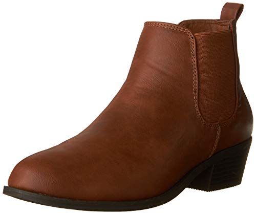 Refresh TILDON-02 Almond Toe Simple Flat Heel Ankle Riding Booties,Cognac (9)