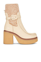 Sam Edelman Sidney Eggshell Leather Pull On Rounded Toe Ribbed Knit Fabric Boots