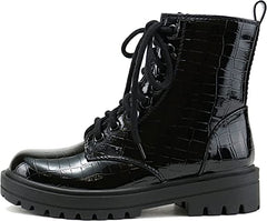 Soda Firm Black Croco Patent Lace Up Round Toe Chunky Combat Ankle Wide Boots
