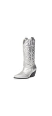 Steve Madden West Silver Leather Pull On Pointed Toe Block Heel Western Boots