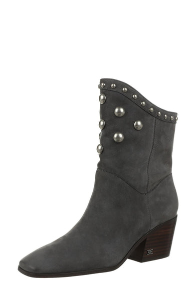 Sam Edelman Brie Grey Leather Block Heeled Almond Toe Pull On Ankle Booties