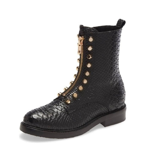 Jeffrey Campbell TONETTE Black Snake Embellished Block Chunky Heel Combat Boots