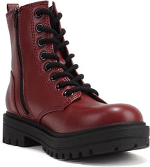 Soda Firm Burgundy Pu Lace Up Rounded Toe Chunky Platform Combat Ankle Boots