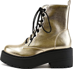 Soda Fling Gold Metallic Pu Lace Up Chunky Lug Sole Round Toe Wide Combat Boots