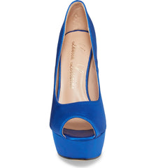Lauren Lorraine Royal Blue Peep Toe Platform High Crystal Heel Satin Formal Pump
