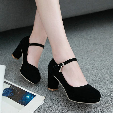 KISSASA Womens Faux Suede Platform Mary Jane Heels Round Toe Block Heeled Ankle Strap Pumps
