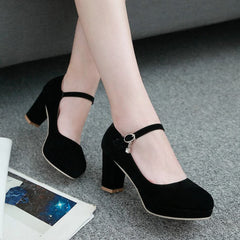 KISSASA Womens Faux Suede Platform Mary Jane Heels Round Toe Block Heeled Ankle Strap Pumps