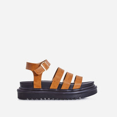Lemonade Clueless Tan Strappy Ankle Buckle Cushioned Black Open Toe Platform Sandals
