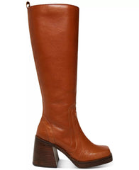 Steve Madden Andiee Cognac Leather Stacked Block Heel Square Toe Knee High Boots