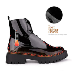 ISOMEI Combat Platform Patent Leather Lace up Ankle Boots Platform Chunky Boots 8