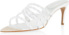 Schutz Lessie White Twisted Straps Slip On Open Toe Stiletto Mid Heel Sandals
