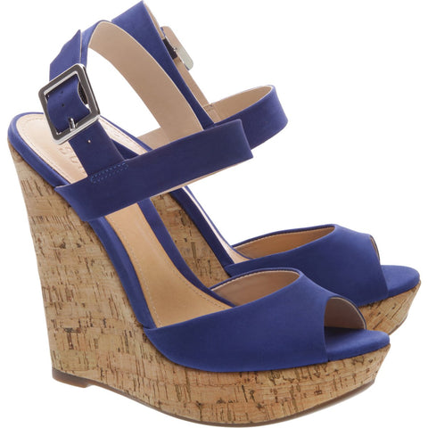 Schutz Brunnah Olympian Blue Nubuck Wedge Platform Peep Toe High Heel Sandal