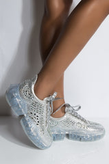 LUXEMODA BENAYGA SILVER RHINESTONE PLATFORM FREAK YOU OUT DIAMOND SNEAKERS