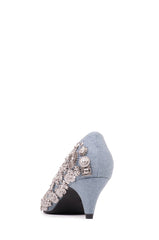 Jeffrey Campbell Carla-Embellished Blue Denim Silver Pointed Kitten Heeled Pumps