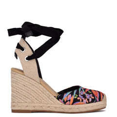 Nine West Black Multi Ankle Wrap Rounded Closed Toe Espadrille Wedges Sandals