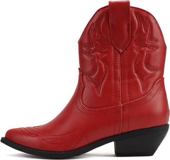 Soda Rigging Red Pu Pull On Pointed Close Toe Cowgirl Western Ankle Boots Wide