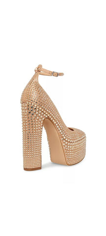 Steve Madden Skyrise Rhinestone Block Heel Ankle Strap Almond Toe Fashion Pumps