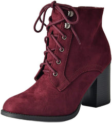 Soda Lurk-S Burgundy Block Heel Closed Rounded Toe Lace Up Ankle Combat Booties