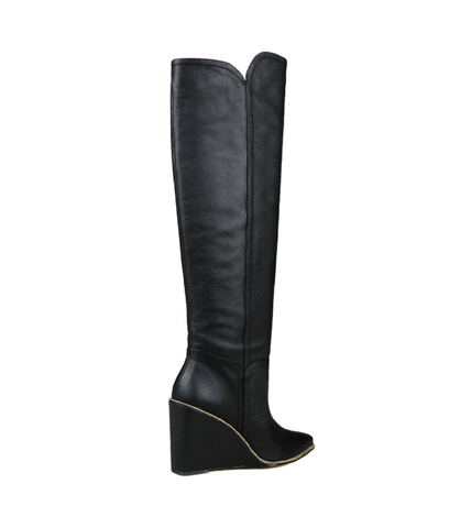 Cecelia New York Riley Knee High Leather Wedge Black Smooth Calf Western Boots