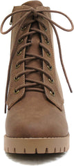 Soda Single Light Brown Lug Sole Chunky Heel Lace Up Platform Combat Wide Boots
