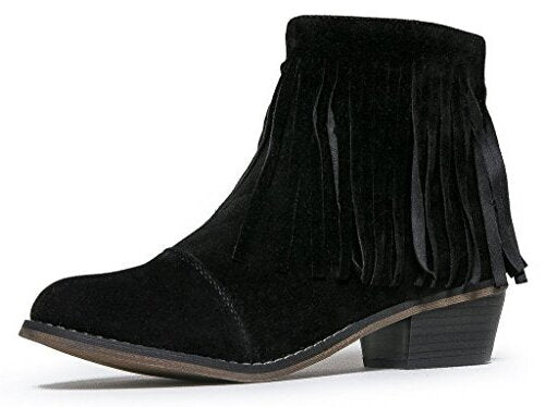 Breckelles DC62 Women Suede Fringe Cap Toe Stacked Heel Ankle Booties Black