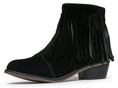 Breckelles DC62 Women Suede Fringe Cap Toe Stacked Heel Ankle Booties Black