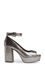 Shellys London Florida Silver Ankle Platform Pump Retro Open Toe Chunky Sandals