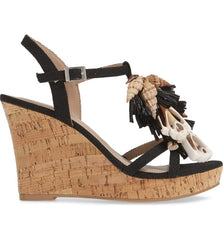 Charles David La Jolla Black Floral Raffia T-strap Platform Open Wedge Sandals