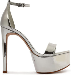 Schutz Cadey-Lee Silver Sleek Buckle Ankle Strap High Heel Platforms Sandals