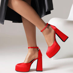 Women's Platform Chunky Heels Closed Toe Block Heel Pumps Square Toe Ankle Strap Pump Shoes