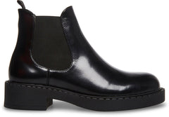 Steve Madden Poppy Black Leather Pull On Rounded Toe Chunky Heel Ankle Boots