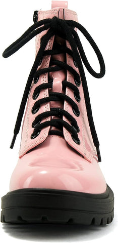 Soda Firm Pink Patent Lace Up Rounded Toe Chunky Platform Combat Ankle Boots