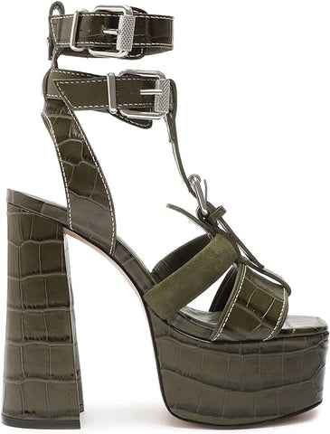 Schutz Platform Military Green Croc-Embossed Heel Dainty Sandals