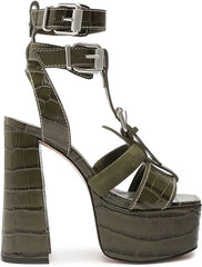 Schutz Platform Military Green Croc-Embossed Heel Dainty Sandals