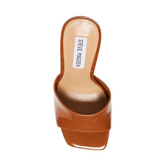 Steve Madden Signal Cognac Patent Squared Open Toe Stiletto Heeled Sandals