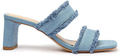 Schutz Amely Mid Block Summer Jeans Double Strap Slip On Open Toe Heel Sandals