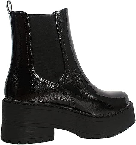 Soda Yossi Black Patent Pull On Rounded Toe Chunky Platform Ankle Fashion Boots