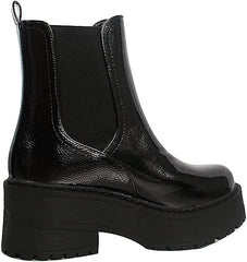 Soda Yossi Black Patent Pull On Rounded Toe Chunky Platform Ankle Fashion Boots