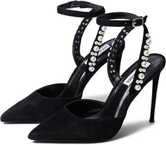 Steve Madden Vary Black Suede Pearl Ankle Strap Pointed Toe Stiletto Pump