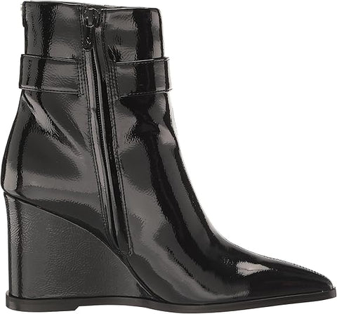 Sam Edelman Weslie Black Patent Wedge Heeled Almond Toe Buckle Detailed Booties